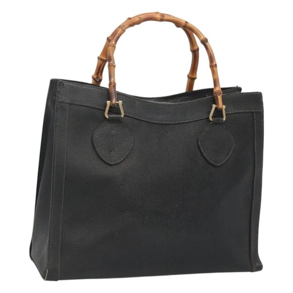GUCCI Bamboo Hand Bag Leather Black Gold - Picture 1 of 16